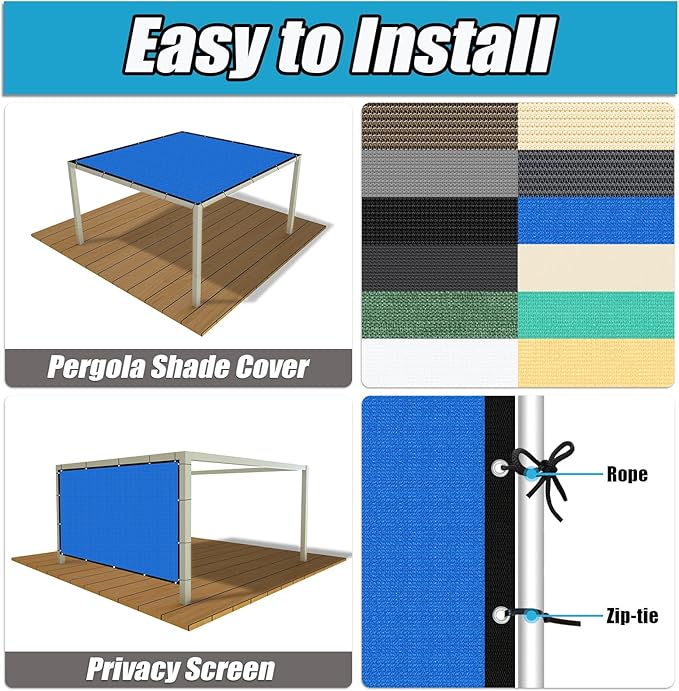 Amagenix 90% Pergola Shade Cover 9' X 13' Sun Shade Cloth with Grommets for Outdoor Garden Patio Porch, Commercial Grade 200 GSM - Cable Zip Ties Included (We Customized) GN108, Blue