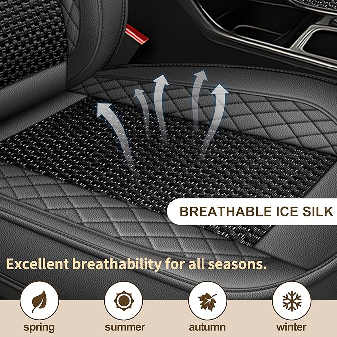 TTX LIGHTING for Ford Taurus 2002-2019 Car Seat Covers, Breathable Ice Silk & Leather Seat Protector, Cool & Anti-Sweat for Long Driving, Airbag Compatible, 5 Seats Full Set (Black&Gray)