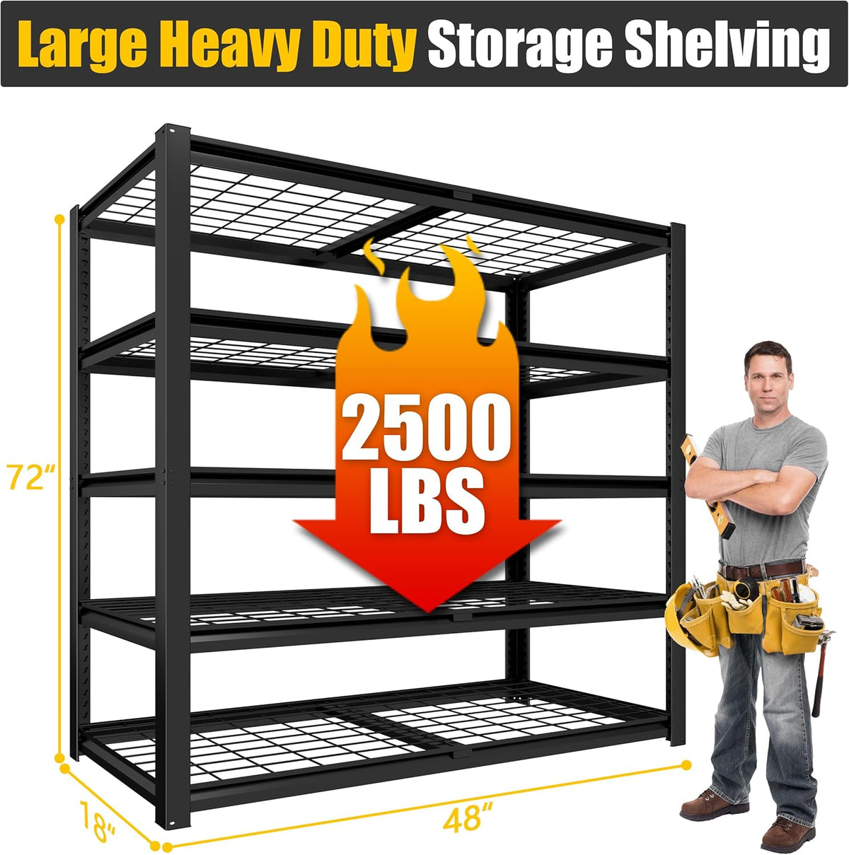 PrimeZone 72" H X 48" W X 18" D Heavy Duty Garage Shelving 5 Tier 2500 LBS Storage Shelves Adjustable Industrial Metal Wire Shelf Unit for Garage,Basement,Pantry,Warehouse,Commercial 4Pack