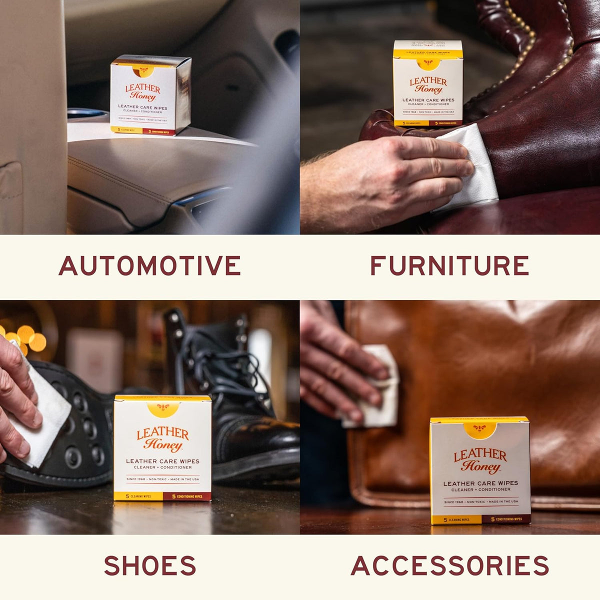 Leather Honey Leather Care Wipe Kit: Clean & Restore On-The-Go. Use for Leather Couches, Car Seats, Purses, Shoes & Bags. Safe for Any Color. Non-Toxic & Ready-to-Use. 5 Cleaner & 5 Conditioner Wipes