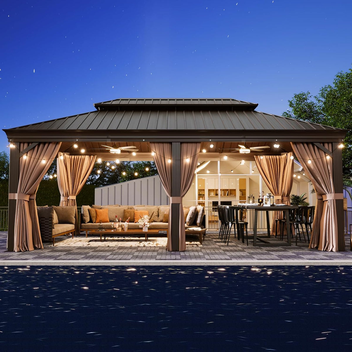 Aoxun 12' X 20' Permanent Hardtop Gazebo Aluminum Gazebo with Galvanized Steel Double Roof for Patio Lawn and Garden, Curtains and Netting Included, Brown