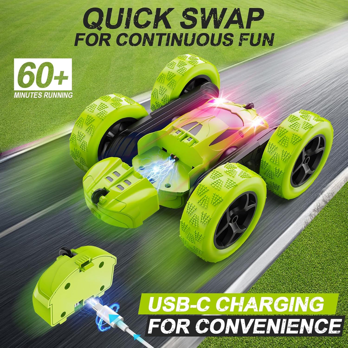 Remote Control Car for Kids Ages 6+, RC Cars Stunt Car Toy 4WD Double Sided 360° Rotating Remote Control with Headlights, Birthday Xmas Gifts for Boys 6 7 8 9 10 11 12 Green