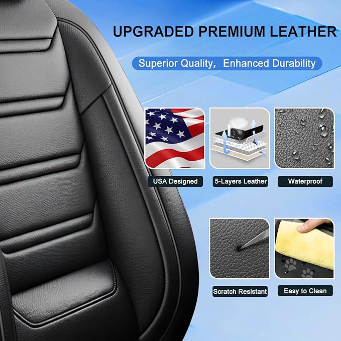 Fit CX-5 Car Seat Covers (Front Pair) for Select Mazda CX5 2013-2024 2025 2026 - Premium Full Coverage Leather, Airbag Compatible, Waterproof & All Weather Seat Cushion Protector, Black