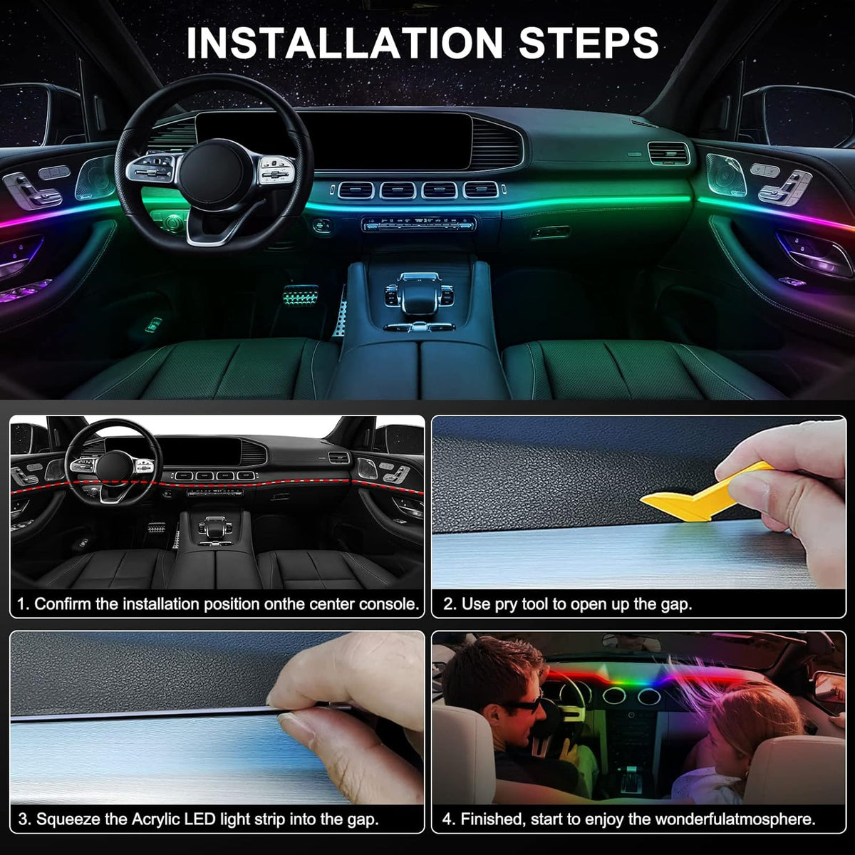 Acrylic Interior Car LED Strip Light with Wireless APP, RGB Dreamcolor 2 in 1 Ambient Lighting Kits, 16 Million Colors Sound Active Function Car Neon Lights, Sync to Music (dreamcolor 2 in 1)