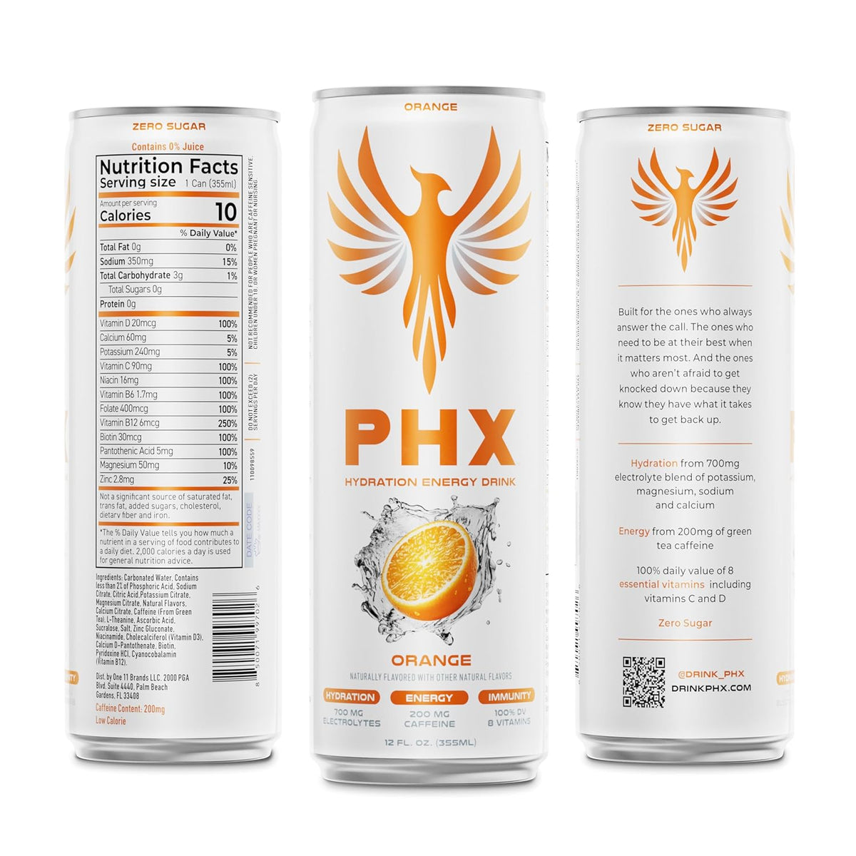 PHX Hydration Energy Drink - 700mg Electrolytes, 200mg Natural Green Tea Caffeine, 100% Daily Value 8 Essential Vitamins - 12 oz Cans (12 Pack) (12 Pack, Orange)