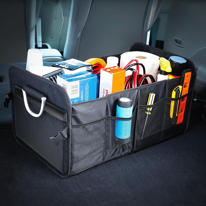 Armor All Car Trunk Organizer, Collapsible Multi-Compartment Car Organizers with Strong Aluminum Handles Foldable and Waterproof, Suitable for Any Car, SUV, Mini-Van, Black