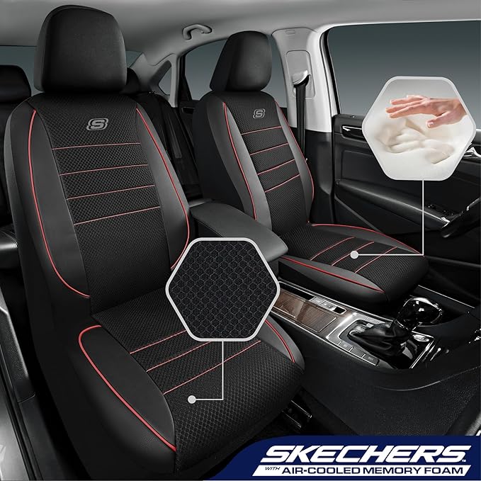 Skechers Air-Cooled Memory Foam Seat Covers,Thick Car Seat Covers,Leather Piping Car Seat Covers Front Seats,Airbag Compatible,Automotive Comfort Universal Fit Most Cars,Vans,Trucks,SUV,Red