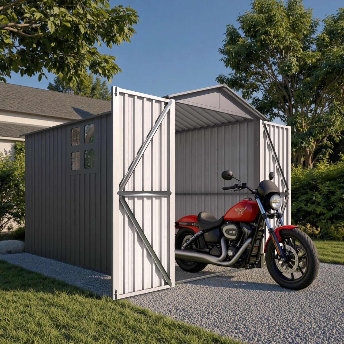 5’ x 10’ Motorcycle Storage Sheds, Metal Shelter & Garage with Windows and Lockable Door Handle, Heavy Duty Vehicle Shed for All Weather, Anthracite with White Trim