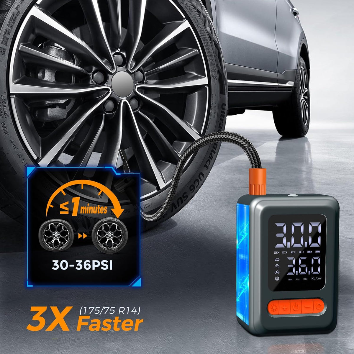 Tire Inflator Portable Air Compressor, 150 PSI Cordless Mini Bike Tire Pump, Air Pump for Auto, Motorcycle, Bicycle, Balls with Pressure Gauge&LED Light, Grey, Medium