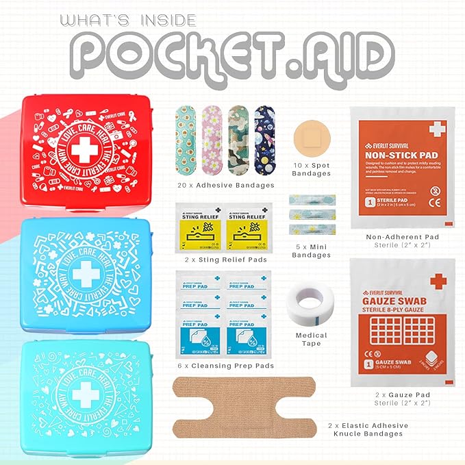 EVERLIT Pocket-Aid Mini First Aid Kit | Compact, Portable Hard-Shell Cases of 50 Items | Cuts, Scrapes, Wound Care Essentials for Travel, Outdoor, School, Camping, Home, Office (48 Packs | 2400 Pcs)