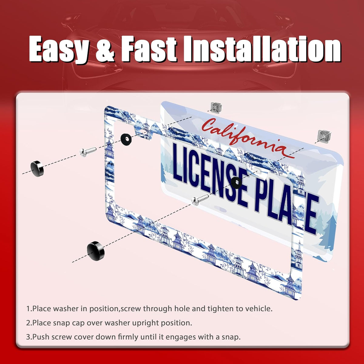 Blue White Porcelain Pattern License Plate Frame Chinoiserie License Plate Frames Funny for Car Decorative Parts Stainless Stee License Plate for Standard Us Canada 12x6 Inch