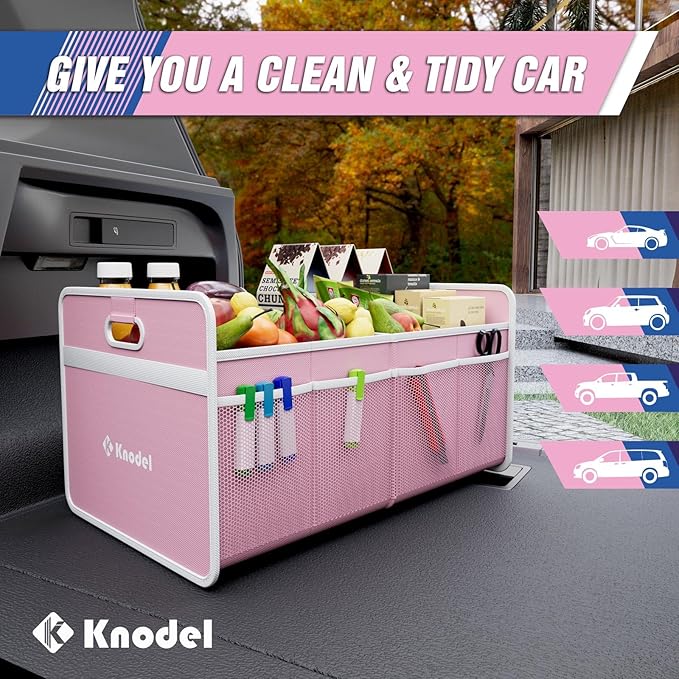 K KNODEL Car Trunk Organizer, Foldable Organizer for Car, Automotive Consoles & Organizers, Storage with Reinforced Handles (Medium, Pink)