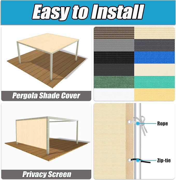 Amagenix 90% Pergola Shade Cover 12' X 14' Sun Shade Cloth with Grommets for Outdoor Garden Patio Porch, Commercial Grade 200 GSM - Cable Zip Ties Included (We Customized) GN108, Wheat