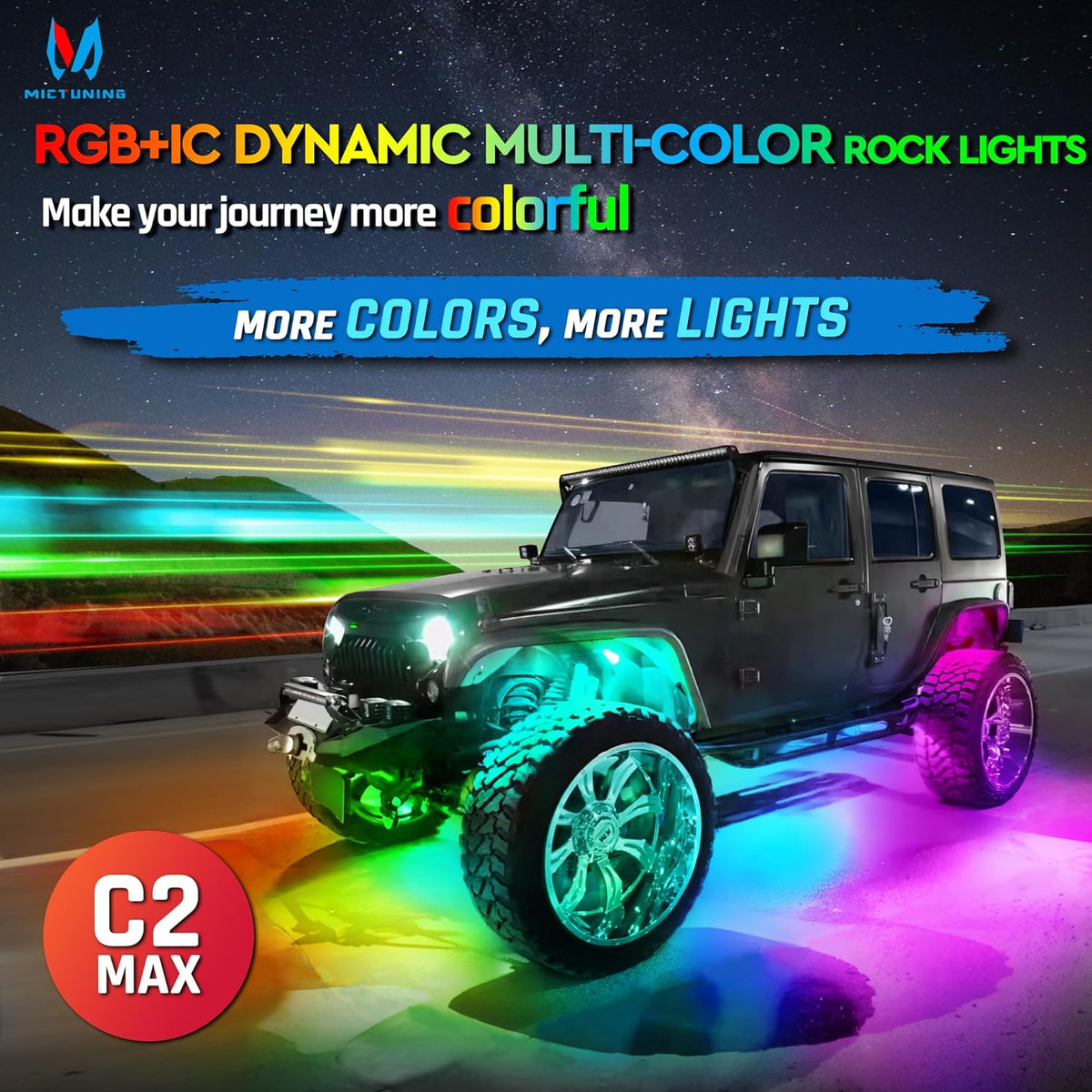 MICTUNING C2 Max RGB+IC Chasing Color LED Rock Lights - 2 pcs (Not inlcude Controller)