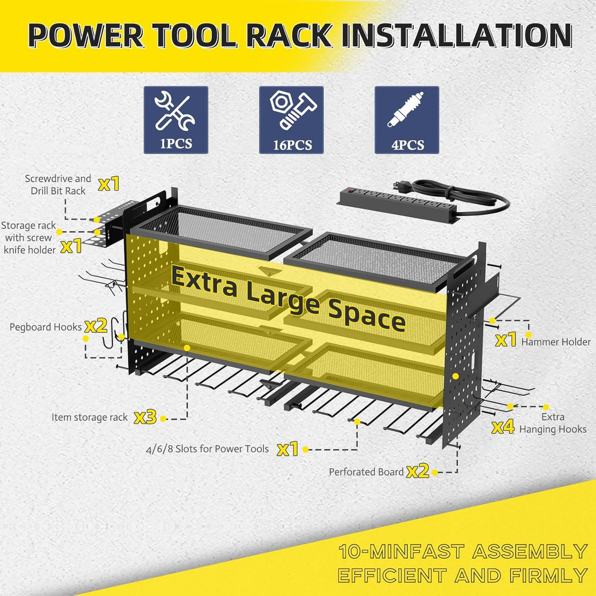 Power Tool Organizer Wall Mount with Charging Station, 4 Layers 6 Drill Holder, Heavy Duty Storage Utility Racks, Supports 600 lbs,Battery Shelf for Garage and Workbench (24 Inch 6 Drills Holder)