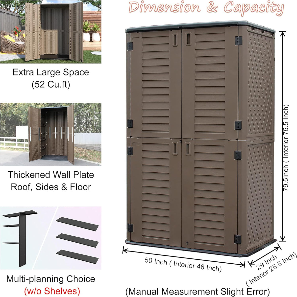 Sheds & Outdoor Storage, 52 Cu.ft Vertical Storage with Floor, Cabinet Waterproof for Garage Pool Bike Shed, Garden , Coffee Brown
