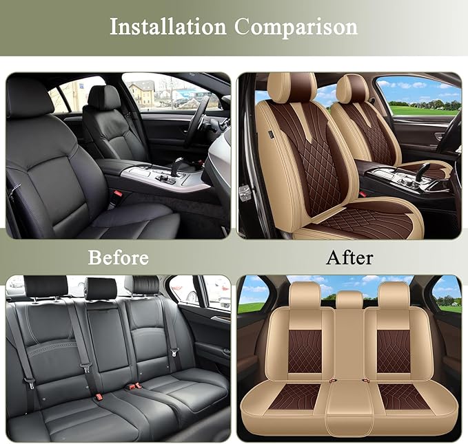Breathable Car Seat Covers for Mazda CX5 CX-5 2026 2025 2024 2023 2022 2021 2020 2019 2018 2017 2016 2015 2014 2013, Perforated Leather Full Set 5 Seats, for Mazda CX5 CX-5 Accessories (Beige&Brown)