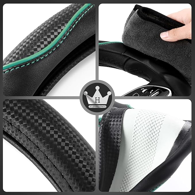 3D Car Steering Wheel Cover Comfort Grip Massage Sporty Anti-Slip Carbon Fiber Faux Leather for F150, Trucks, Jeep, Van, Car Handle Covers for All Seasons, 15.2-16in, Green