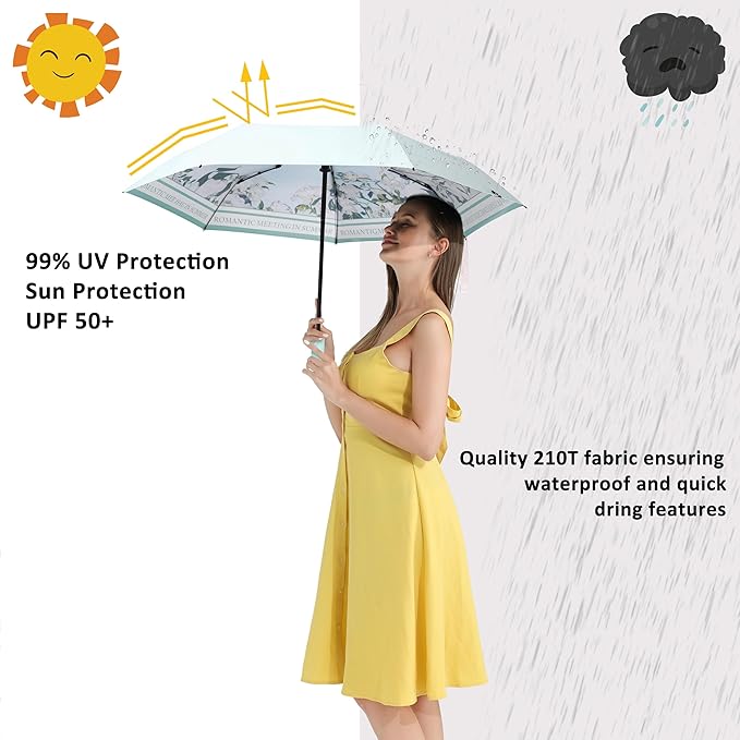 BAODINI Small UV Protection Travel Umbrella Compact for Rain and Sun UPF 50+ Windproof Portable 42 inch Umbrella for Women and Men