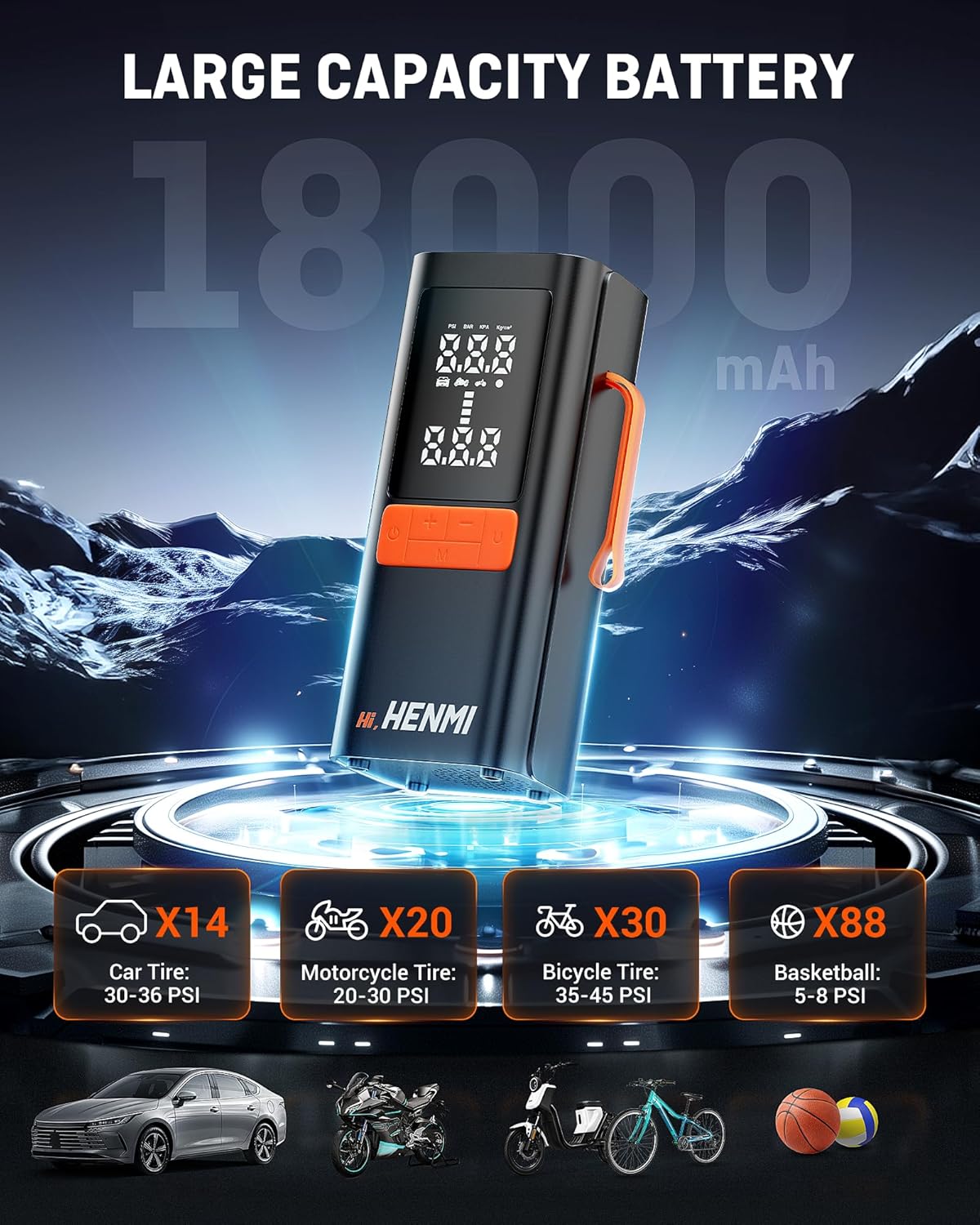Tire Inflator Portable Air Compressor,Car Tire Air Pump Portable with Digital Pressure Gauge,18000mAh and 170 PSI Bike Tire Pump,Electric Air Pump for Motorcycle Tires,Bicycle Tires and Balls