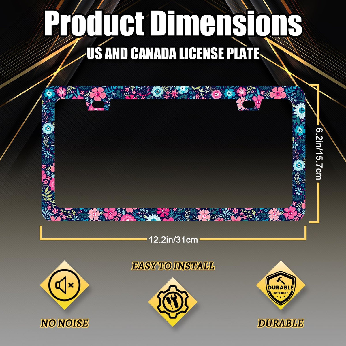 Colorful Flowers License Plate Frame Beautiful Floral Flower License Plate Holder for Women Car Decorative Stainless Steel Cute License Plate Flowers Auto Parts with Screws 12.2"x 6.2"