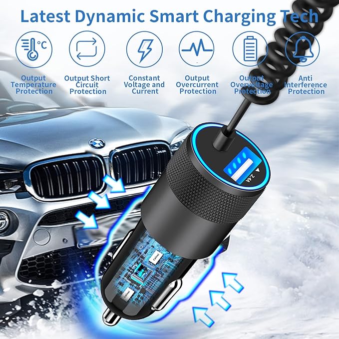 【MFi Certified】iPhone Car Charger Fast Charging, Caiinei 4.8A USB Car Charger Fast Charging Cigarette Lighter Adapter with 6FT Coiled Lightning Cable for iPhone 14 13 12 11 Pro XS Max Mini XR X 8 iPad