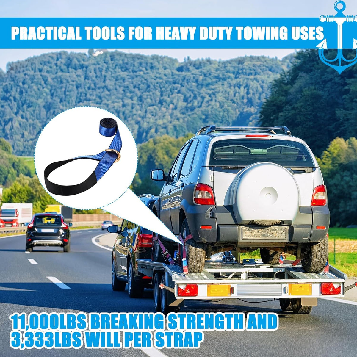 8Pack 2'' X 8ft Tow Truck Straps Lasso Wheel Lift Straps Lasso Tow Strap with D Ring 11, 000 Lbs Break Strength Auto Tie Down Auto Hauler for Trailer Truck Tie(Blue)