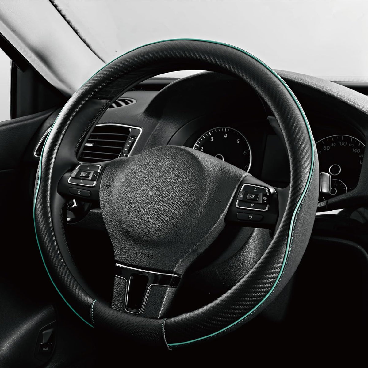PIC AUTO Steering Wheel Cover, Mint Piping Leather, Sports Carbon Fiber and Super Breathable Leather, Universal 14.5-15.5 Inch Anti-Slip Steering Wheels Accessories for Men & Women