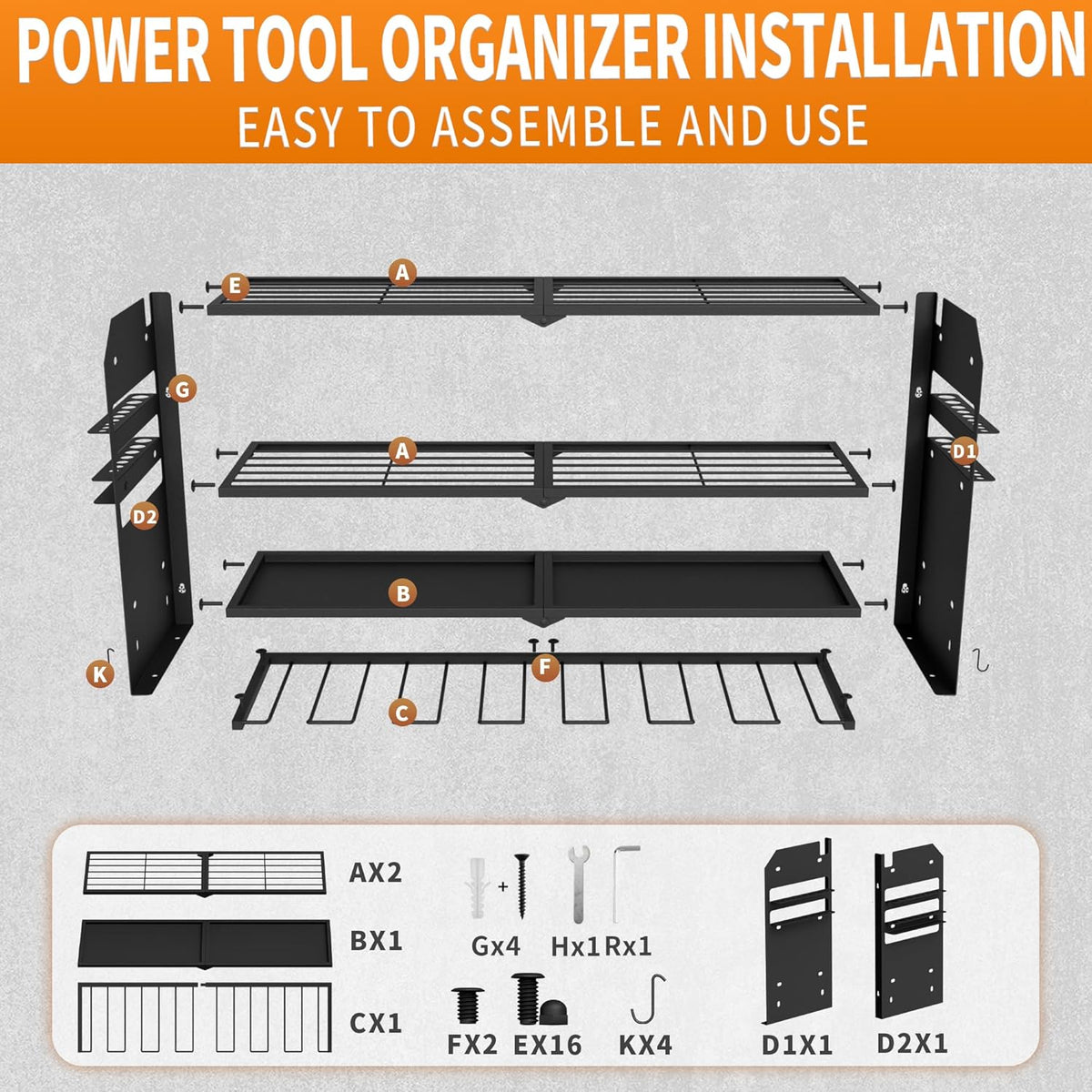 NINAT Heavy Duty 4-Tier Wall Mount Tool Organizer Rack - 7 Drill Holders, 150lb Capacity for Power Tools, Cordless Drills | Garage, Workshop, Shed & Basement Storage Solution