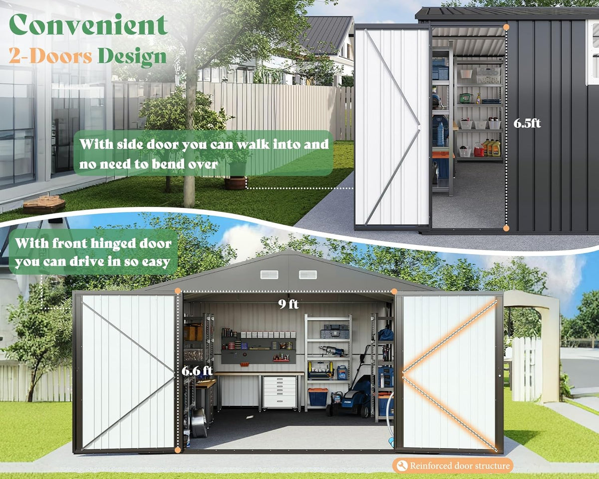 AMERLIFE 13.2x21x8.4 FT Outdoor Metal Garage Shed, Extra Large Storage Shed with Double Hinged Doors, 4 Windows, Carport for Car, Truck, Bicycle and Lawn Equipment, Dark Grey