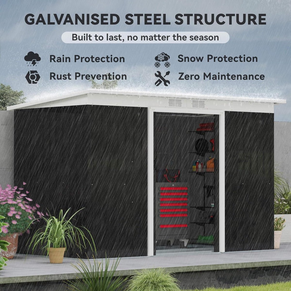 Outsunny 9' x 4' Outdoor Storage Shed, Metal Garden Tool House with Sloping Roof and Lockable Door for Backyard, Bike, Patio, Garage, Lawn, Gray