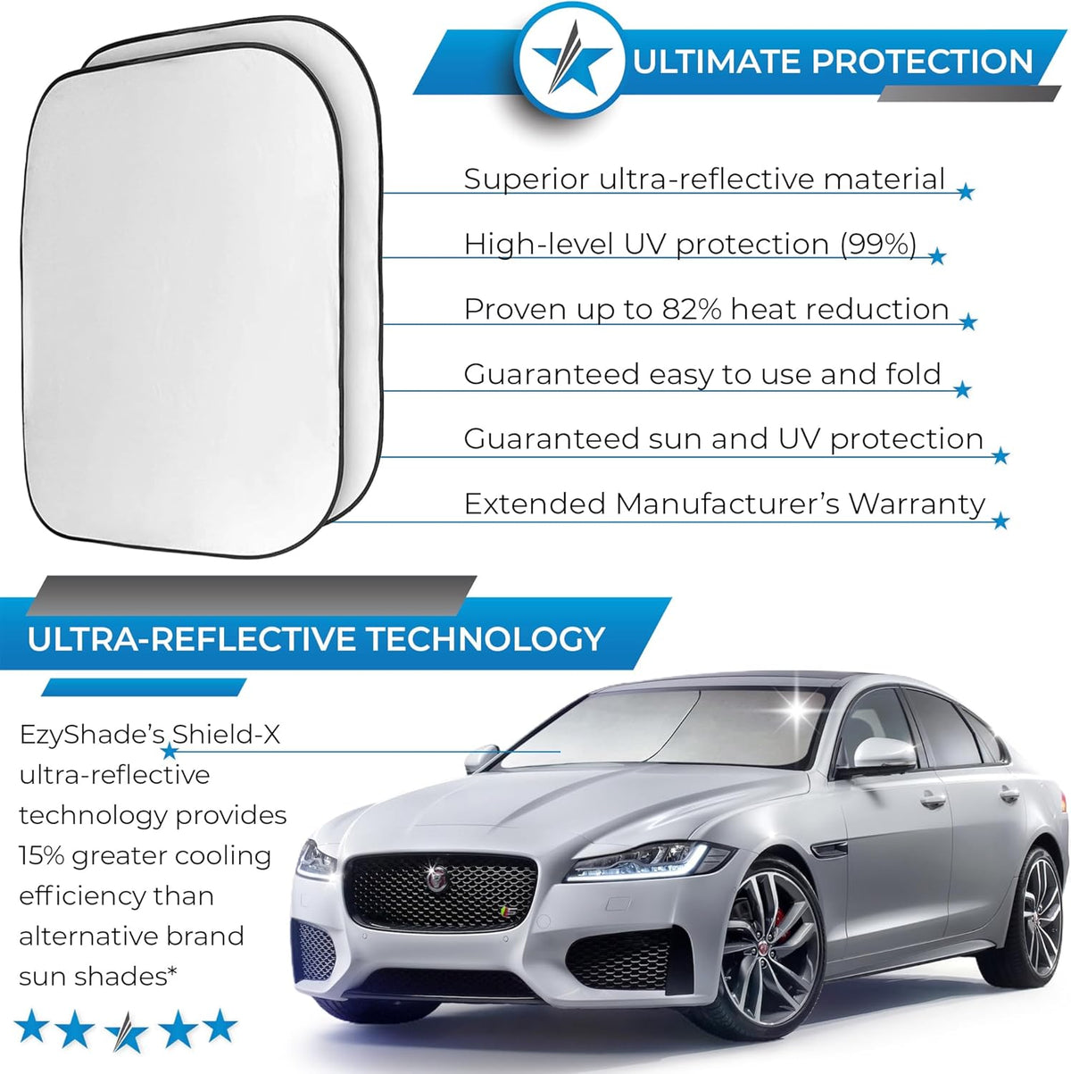 EzyShade Windshield Sun Shade with Shield-X Reflective Technology. See Vehicle Size-Chart. Foldable Car Sunshade for Front Windshield Window Car SUV Van Truck. Sun Visor Heat Shield. Sports (S) Size