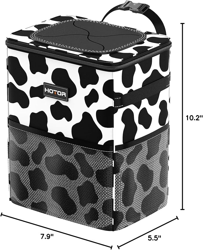 HOTOR Car Trash Can with Lid and Storage Pockets - 100% Leak-Proof Organizer, Waterproof Garbage Can, Multipurpose Trash Bin for Car, 2 Gallons, Cow