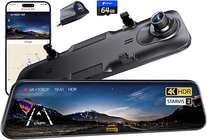Pelsee S12 Pro Mirror Dash Cam with STARVIS 2 Sensor, Rear View Mirror Camera 5.8GHz WiFi, 4K Front and 1080P Rear Backup Camera for Car, ADAS &BSD, Voice Control, Color Night Vision, 64G Meomory Card
