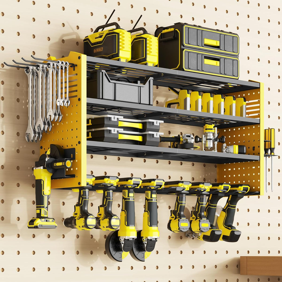 Tomorotec Wall-Mounted Power Tool Storage Rack for Drill, Toolbox & Accessories, Heavy-Duty Steel Organizer with Side Hooks and Adjustable Shelves, Easy Installation Garage & Workshop Storage (Yellow)