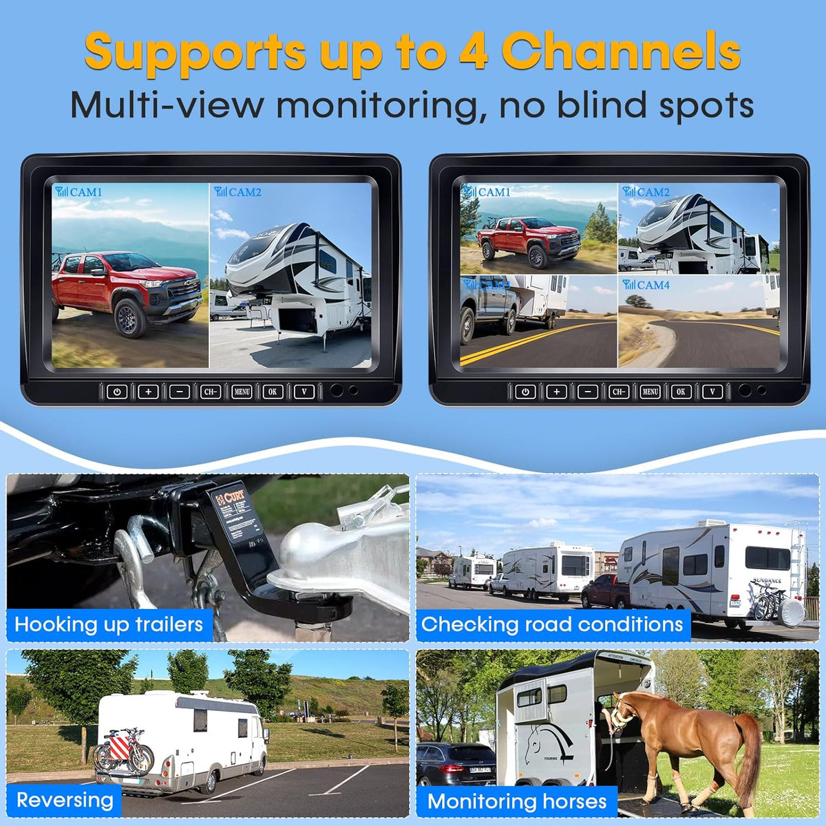 Wireless RV Backup Camera 7-inch for Trailer: Easy Setup Solar RV Rear View Camera with Recording - 4 Channels Strong Magnetic HD 1080P Long-Battery Life for Camper, Truck, Fifth Wheel