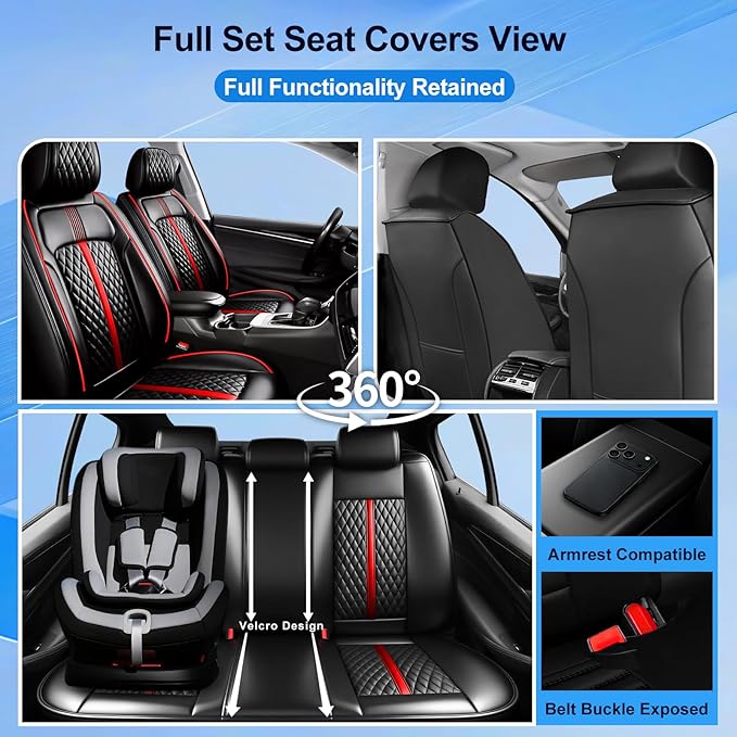 Fit Tahoe Car Seat Covers (Front Pair) for Select Chevrolet/Chevy Tahoe 2000-2025 2026 - Full Coverage Leather, Waterproof & All Weather Seat Cushion Protector, Black with Red Trim
