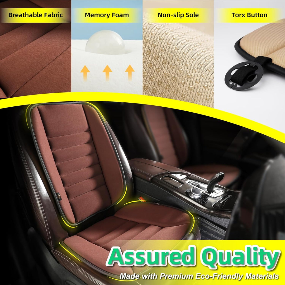 kingphenix Car Seat Cushion with Back Support Pillow: Enhanced Comfort Memory Foam Design for Pain Relief, Ideal for Drivers and Office Use - Ergonomic Lumbar Comfort for Long Sitting - Brown