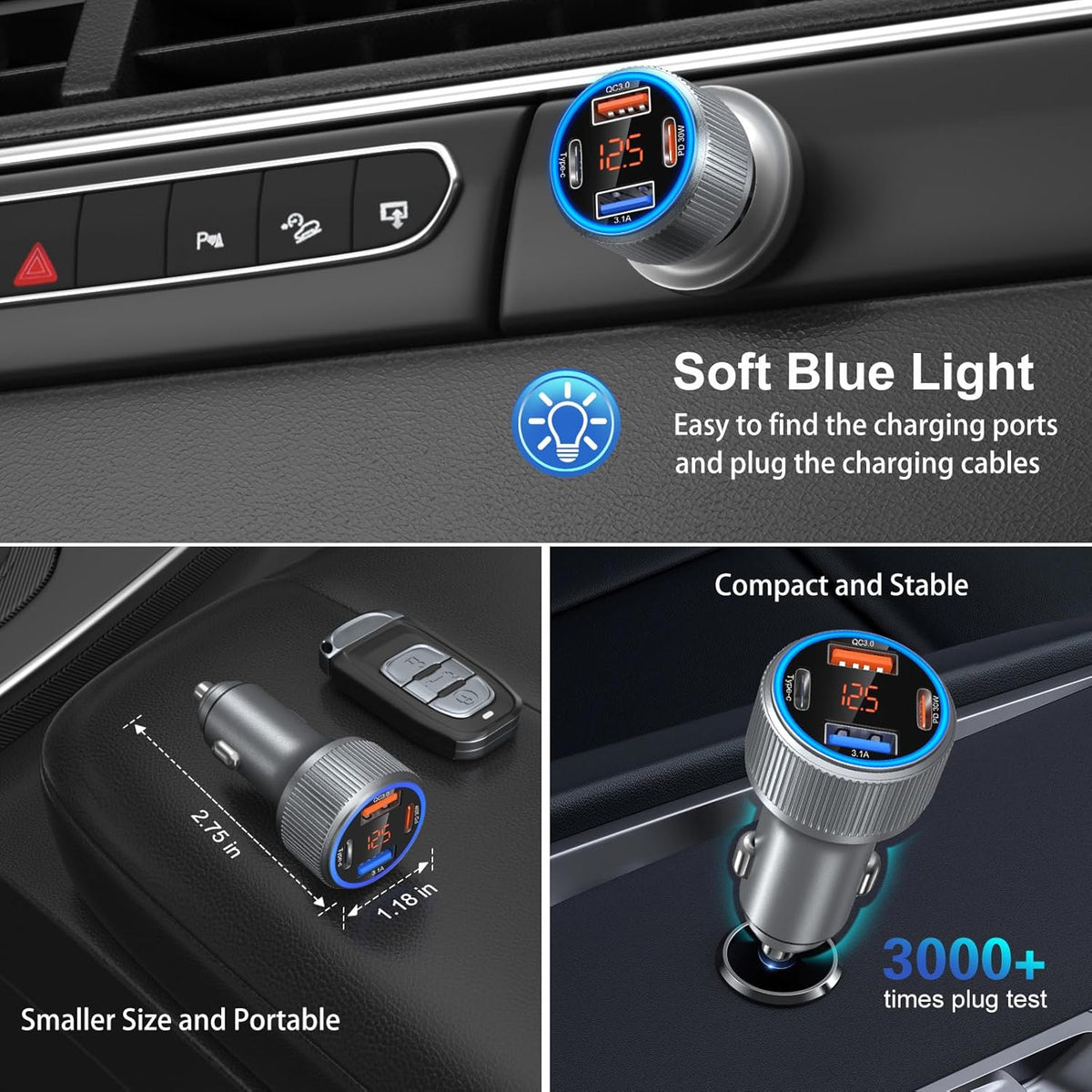 USB C Car Charger 5 Pack, 65W Dual 12V USB C & USB A Car Charger with Voltage Display Multi Port PD/QC 3.0 Fast Charge Cigarette Lighter Adapter for iPhone 16/15/14/13 Pro,Galaxy S25,Android(Grey)
