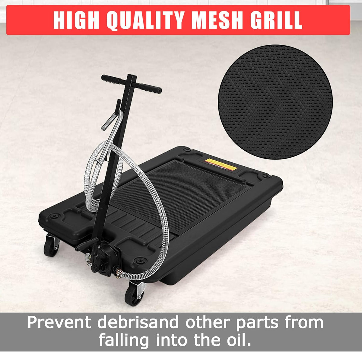 ‌17 Gal Low Profile Oil Drain Pan, Heavy Duty Mobile Oil Changing Pan with Hand Pump, 8 Ft Hose & Quick Drain Valve, Leak-Proof Design for Truck Car Motorcycle, Garage Workshop Use