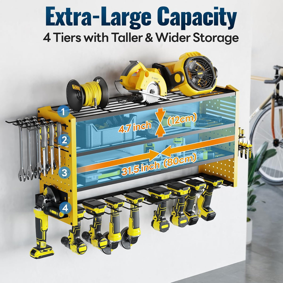 Tomorotec Wall-Mounted Power Tool Storage Rack for Drill, Toolbox & Accessories, Heavy-Duty Steel Organizer with Side Hooks and Adjustable Shelves, Easy Installation Garage & Workshop Storage (Yellow)