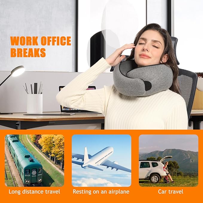 Neck Travel Pillow, Upgraded Travel Neck Pillow for Airplane Memory Foam Travel Pillow for Airplanes Offices and Cars Headrest Sleep, Portable Plane Accessories