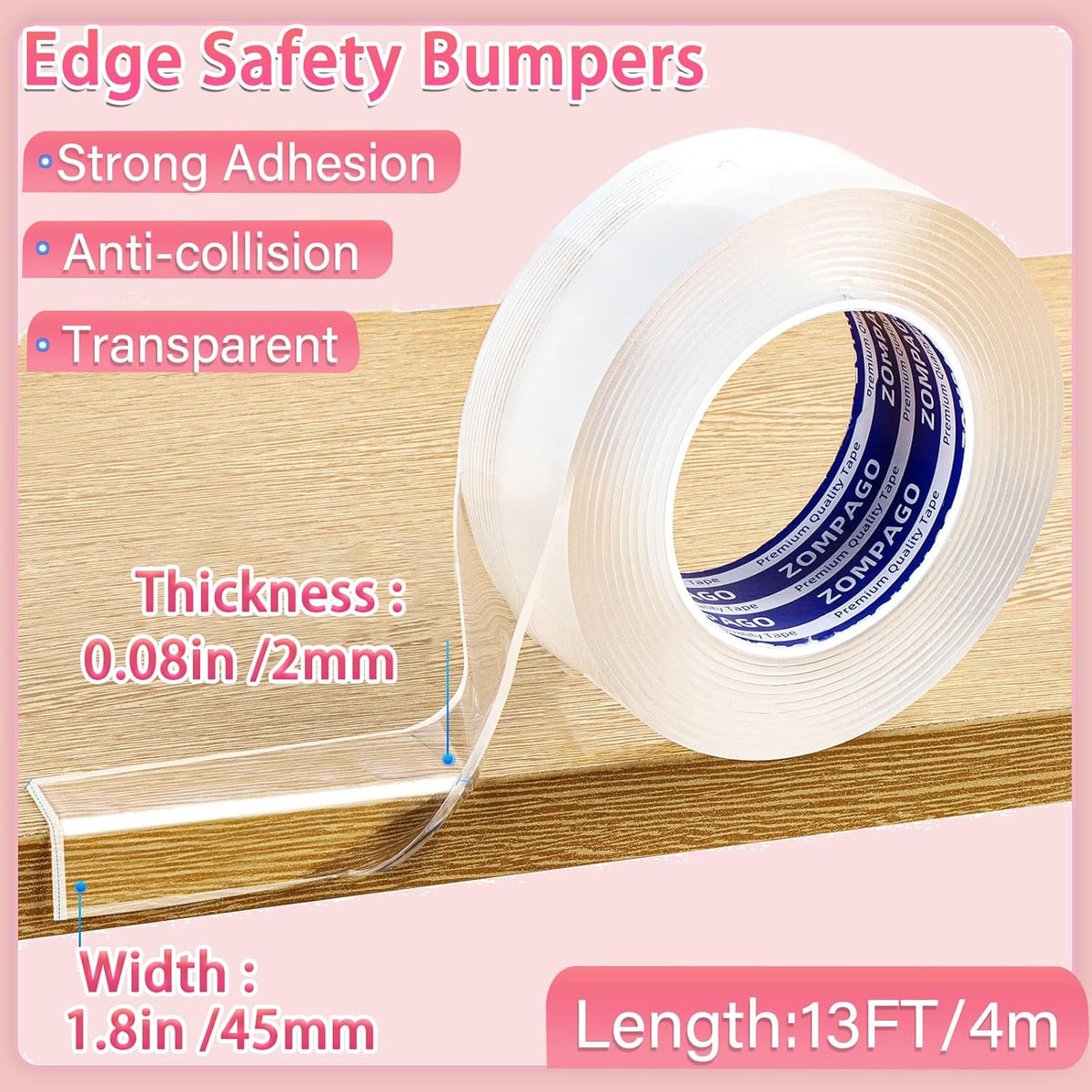 Clear Soft Corner Protectors for Furniture Strip,1.8in x13FT,Sharp Edge & Table Bumper,Window Edge,Wall Protector, Soft Corner Guards Safe for Proof,Table Corner Protectors in Family