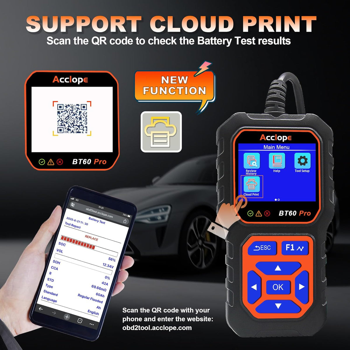 BT60 Pro Acclope Car Battery Tester with Cloud Printing 100-3000 CCA 6V 12V 24V AGM Lithium Gel Battery Checker Automotive Alternator Digital Analyzer Charging Cranking System Vehicles Truck Home-use