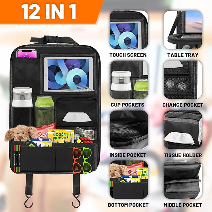 Backseat Car Organizer with Table Tray,12 Pockets Storage Organizer with Tablet Holder,Car Seat Organizer with Car Tissue Holder,Kick Mats Protector For Kids,Travel Accessories(2-Pack)