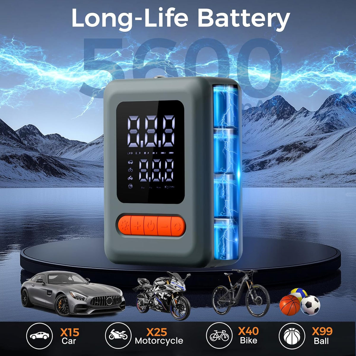 Tire Inflator Portable Air Compressor, Cordless Air Pump with LED Light & Pressure Gauge for Auto, Motorcycles, Bikes, Balls, Emergency Phone Charger
