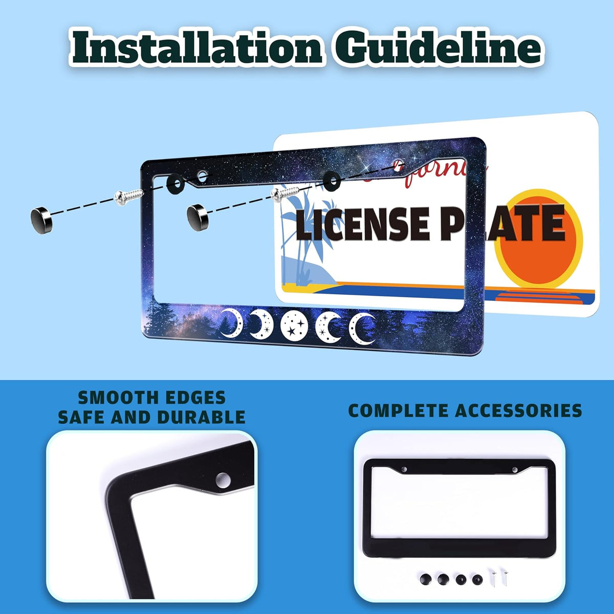 Moon Phases License Plate Frame Starry Sky Forest Moon License Plate Holder for Front or Rear Car Tags Stainless Steel Funny Car Decoration with Screws 6.3 X 12.2 in