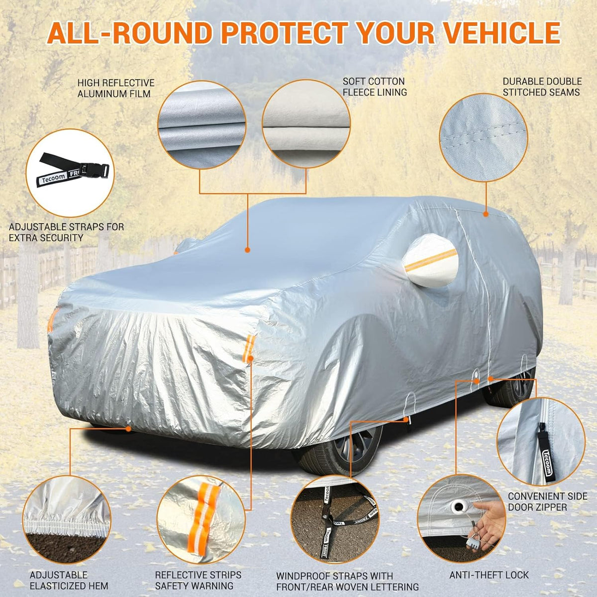 Tecoom Car Cover Waterproof All Weather, Fleece Lining Car Covers for Automobiles with Zipper Door Lock, 3 Layers Outdoor Indoor Full Car Cover Snow Hail UV Sun Protection Fit for SUV (206-215 Inch)