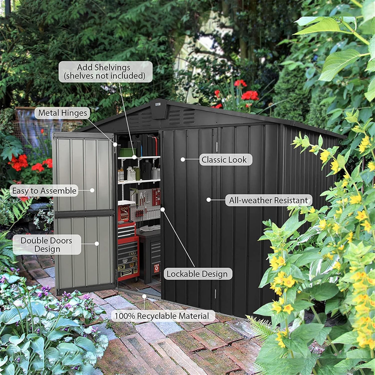 IKERY Galvanized Steel Storage Shed 8.2' x 6.2' with Lockable Door - Large Metal Garden Shed for Bikes, Trash Cans, Outdoor Storage - Backyard, Patio - Dark Gray