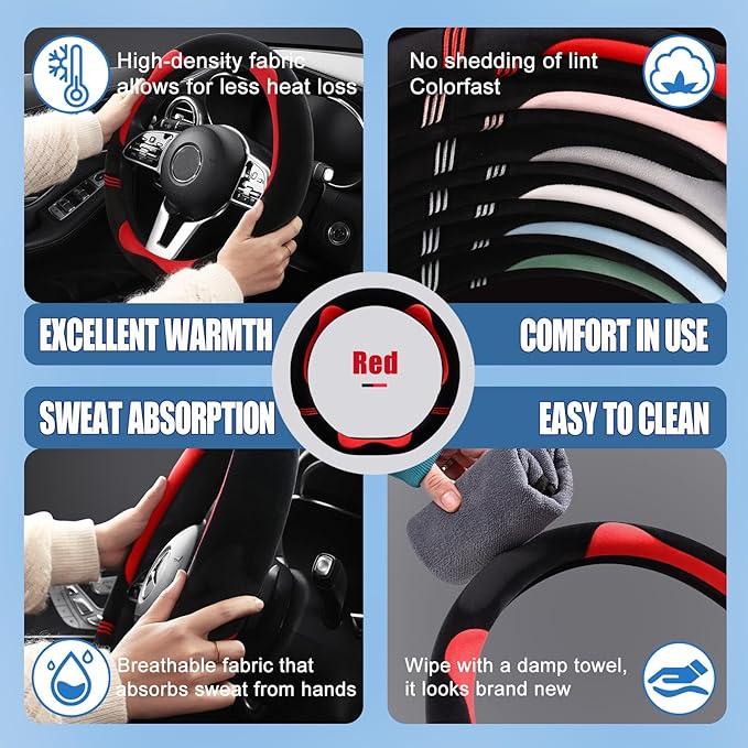 14 inch Furry Cute D Shaped Steering Wheel Cover, Soft Fluffy Short Plush Auto Accessories, Non-Slip Cold-Proof Sweat-Proof Colorfast(Black with Red)